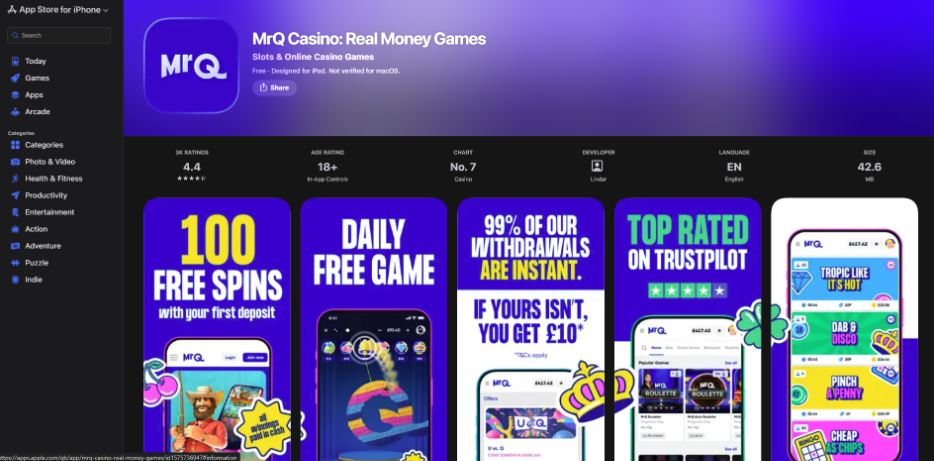 The game selection at Mr Q Casino includes over 1,000 titles across interactive RNG table games, slots, live dealer blackjack, baccarat, and roulette variants, as well as dozens of Slingo, progressives, and Megaways games. A bingo section is also up and running for lottery fans. The catalogue features some of the finest hits from trustworthy game developers, such as Games Global, Blueprint Gaming, Pragmatic Play, BTG, and dozens of others As for the MrQ live casino, over 40 unique titles from Evolution Gaming and Pragmatic Play Live are available. Gamers looking for specialty titles and arcades may want to start with Mr Q Casino’s Slingo selection. It has 30+ versions of slot-bingo-like games, with the biggest standouts including Da Vinci Diamonds Slingo and Deal Or No Deal Slingo. Mobile Compatibility & App