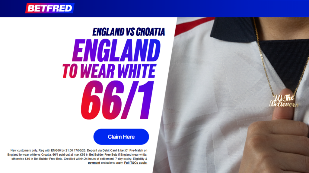 Betfred World Cup Offer | 66/1 for England to wear white vs Croatia