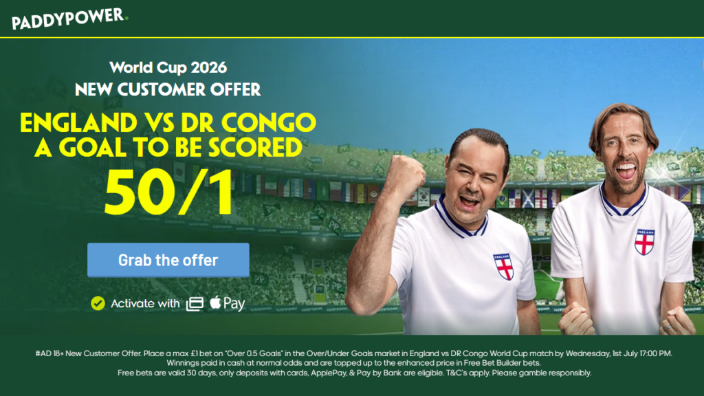 England v DR Congo Paddy Power Offer: Get 50/1 A Goal To Be Scored
