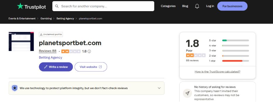 PlanetSport Bet Casino Reputation